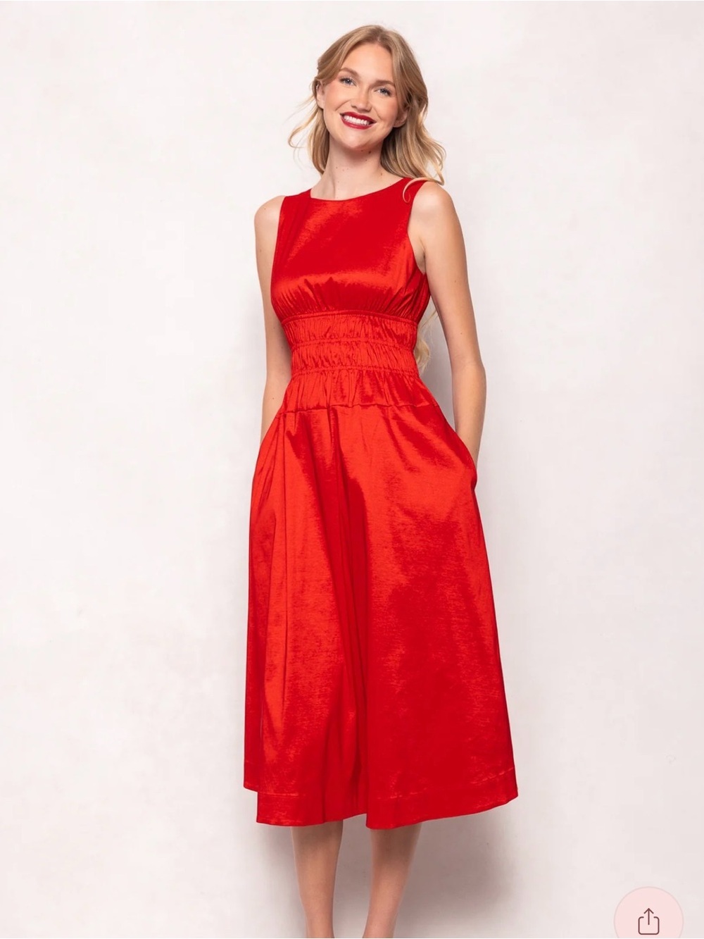Ivy City Co Carly Bright Red Taffeta Sleeveless Midi Dress
